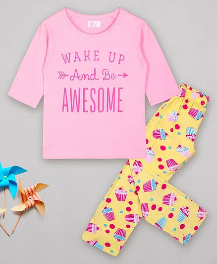 Sheer Love Half Sleeves Wake Up And Be Awesome Printed Night Suit - Pink & Yellow