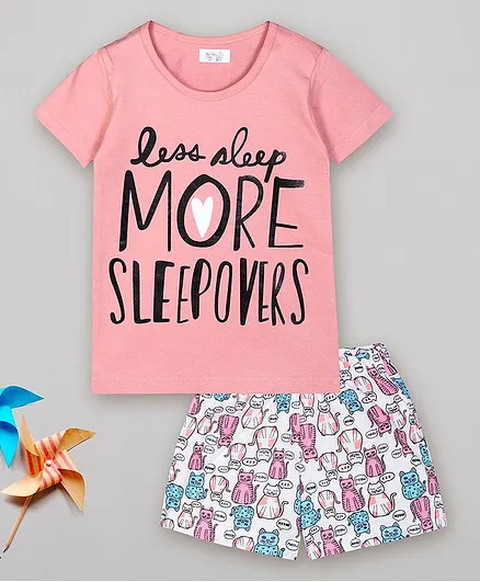 Sheer Love Half Sleeves Less Sleep More Sleepovers Printed Night Suit - Pink