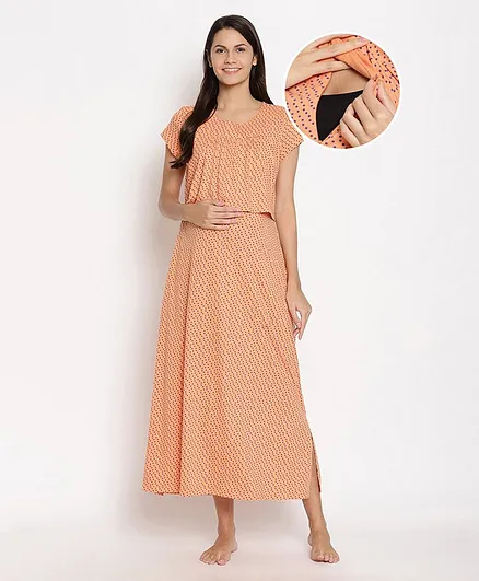 Bella Mama Half Sleeves Maternity Nighty Polka Dot Print - Orange