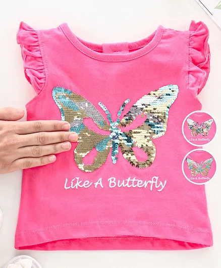 Babyhug Flutter Sleeves Biowashed Top Reverse Sequinned Butterfly - Pink