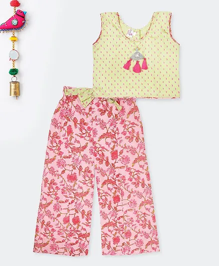 Kinder Kids Sleeveless Paisley Printed Top With Floral Print Palazzo - Light Green & Pink