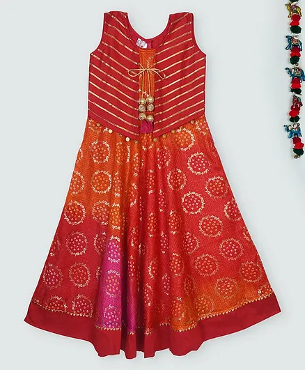 Kinder Kids Gold Foil Sleeveless Bandhani Printed Kota Anarkali Dress - Red