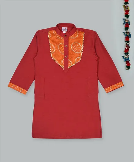 Kinder Kids Full Sleeves Patch Work Detailing Kurta - Red