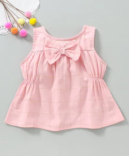 Babyhug Sleeveless Checkered Top Bow Applique - Pink