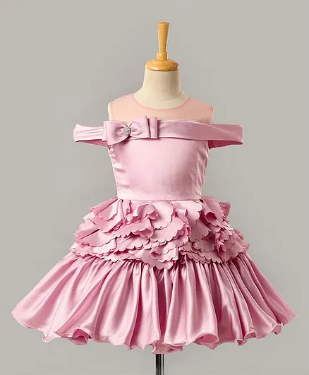 Enfance Mesh Yoke Cold Shoulder Bow Applique Party Dress - Pink