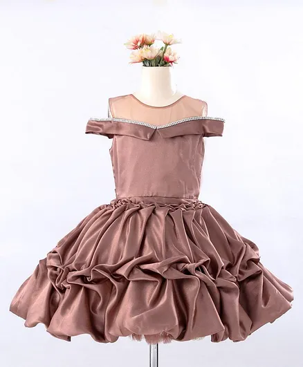 Enfance Mesh Yoke Cold Shoulder Diamond Applique Dress - Coffee Brown