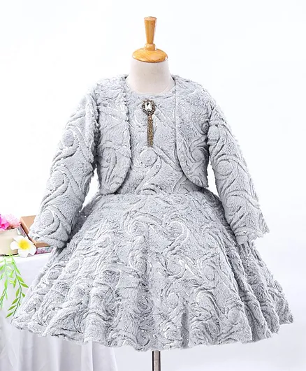 Enfance Sequined Faux Fur Dress With Full Sleeves Shrug - Grey