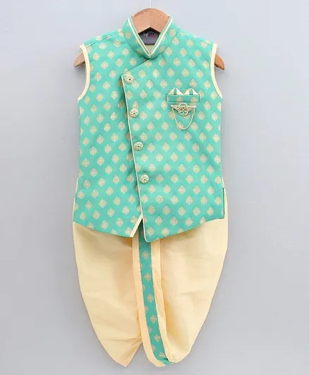 Dapper Dudes Sleeveless Motif Design Kurta & Dhoti - Sea Green