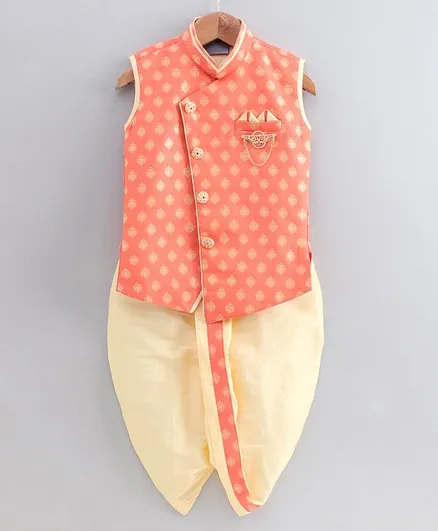 Dapper Dudes Sleeveless Motif Design Kurta & Dhoti - Peach