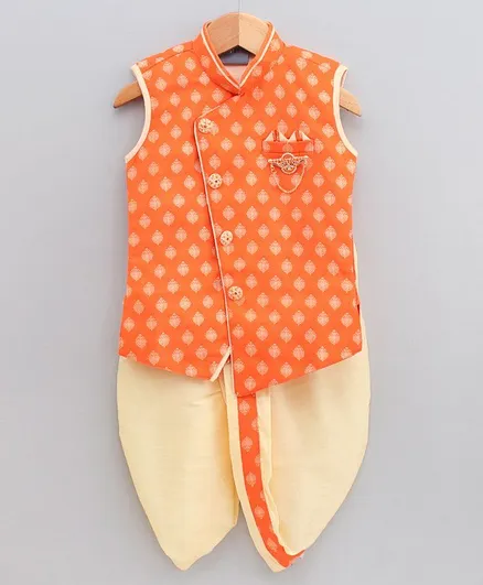 Dapper Dudes Sleeveless Motif Design Kurta & Dhoti - Orange