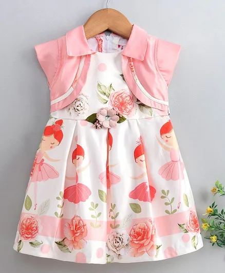 Rassha Short Sleeves Shrug Attached Floral Print Dress - Pink