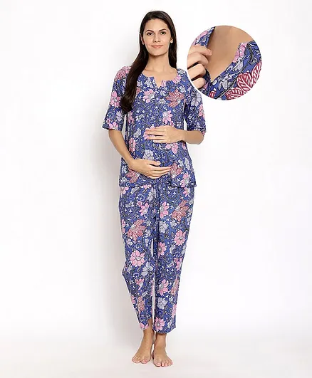 Bella Mama Half Sleeves Maternity Night Suit Floral Print - Blue