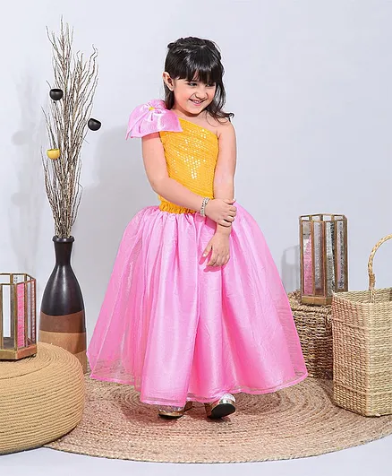 Saka Designs Ethnic Sequin Top & Skirt with Shoulder Bow - Yellow Pink