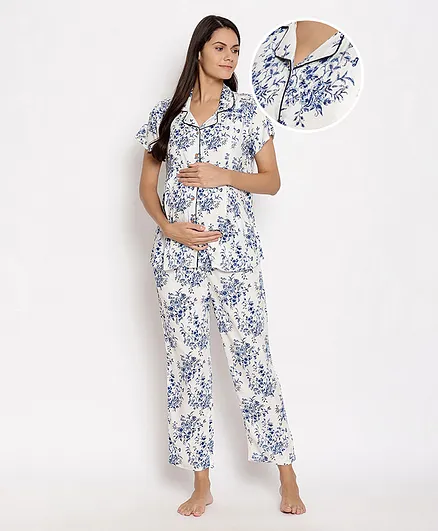 Bella Mama Half Sleeves Front Button Nursing Night Suit - White