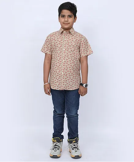 Tahanis Half Sleeves Bird Printed Shirt - Beige