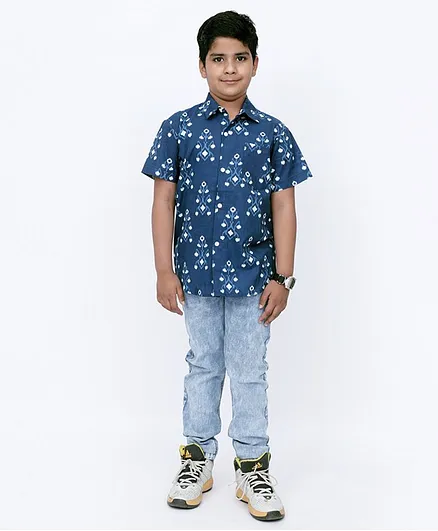Tahanis Half Sleeves Ikkat Printed Shirt - Blue