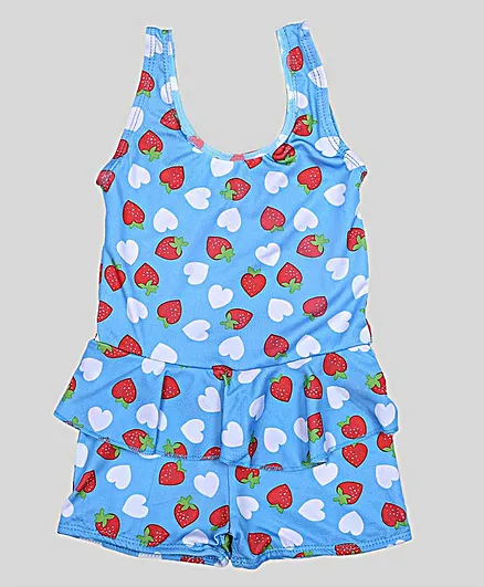 Tahanis Sleeveless Strawberry Printed Swimsuit - Light Blue