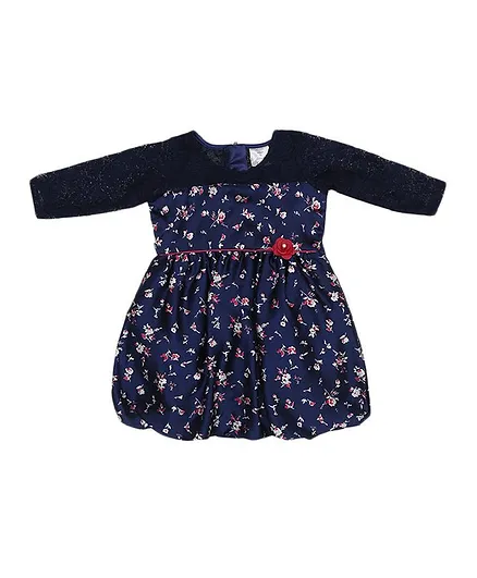 Doodle Girls Clothing Three Fourth Sleeves Floral Printed Satin Balloon Dress - Navy