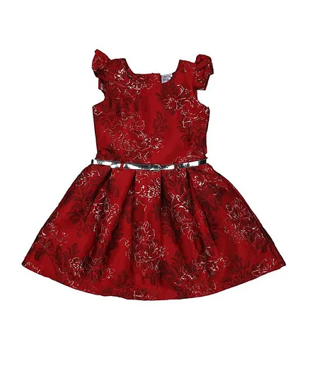 Doodle Girls Clothing Cap Sleeves Floral Printed Dress - Maroon