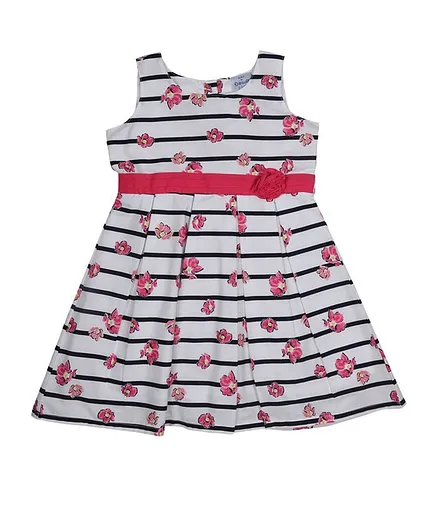 Doodle Girls Clothing Sleeveless Floral Printed Striped Dress - Multicolor