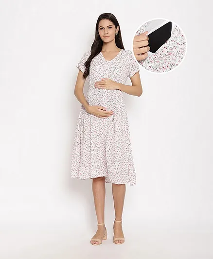 Bella Mama Half Sleeves Floral Print Dress - Off White