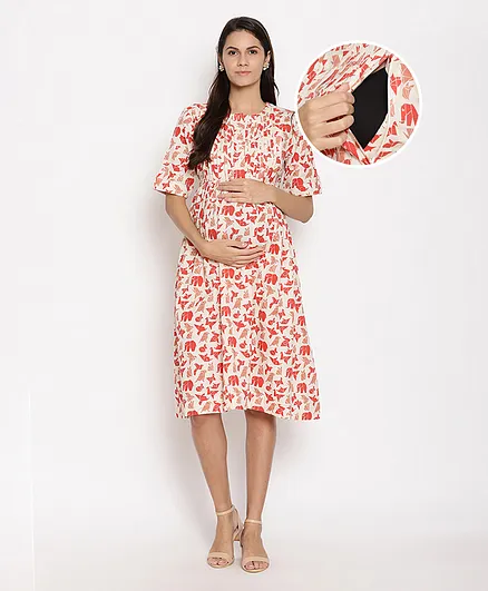 Bella Mama Half Sleeves Maternity Dress with Mask Elephant Print - White