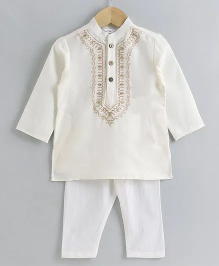 Babyoye Full Sleeves Embroidered Kurta Pajama Set - Off White