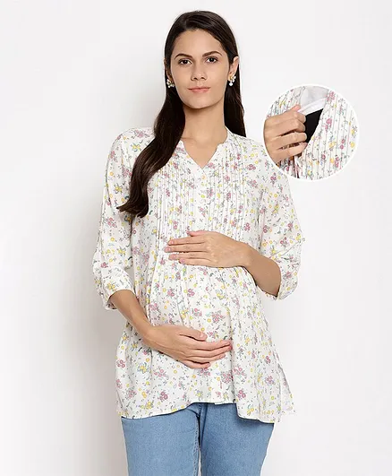 Bella Mama Three Fourth Sleeves Maternity Tunic With Mask - White