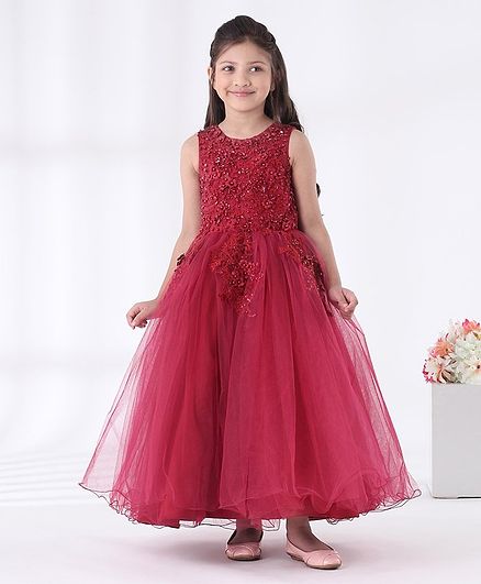 Mark & Mia Sleeveless Pearl & Floral Embroidered Party Gown - Maroon