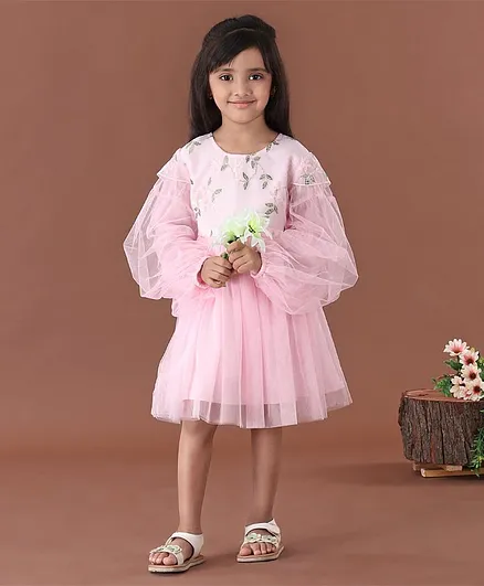 Mark & Mia Full Sleeves Frock with Floral Embroidered Bodice - Pink