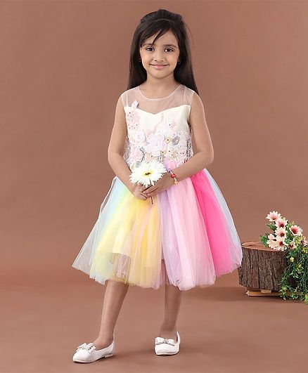 Mark & Mia Sleeveless Rainbow Party Frock Floral Embroidered - Multicolor