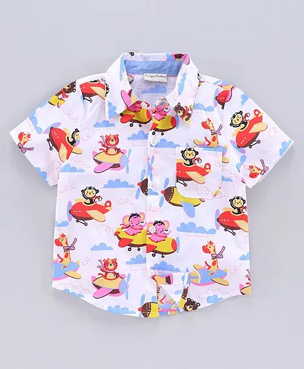 CrayonFlakes Half Sleeves Pilot Monkey Printed Shirt - White