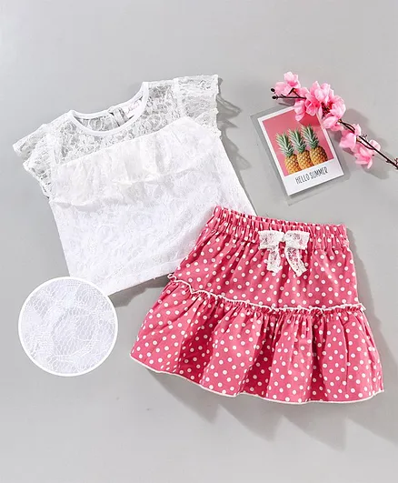 Pspeaches Short Sleeves Top With Polka Dots Print Skirt - White & Magenta Pink