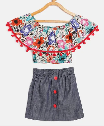 Pspeaches Half Sleeves Floral Print Top With Skirt - Red