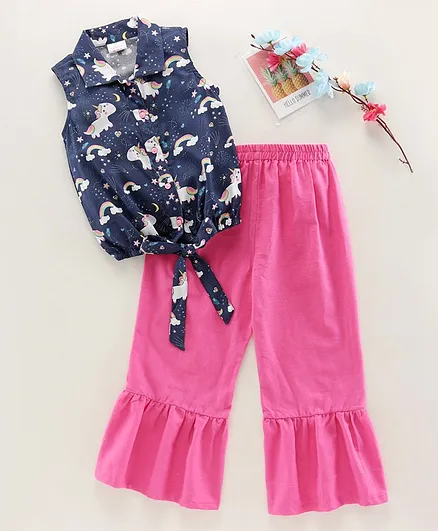 Pspeaches Sleeveless Unicorns Print Top With Pants - Pink & Blue