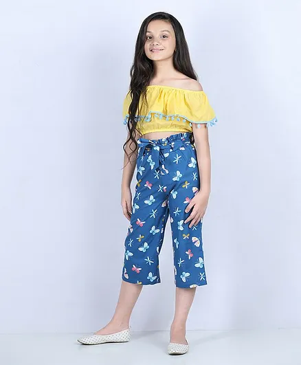 Pspeaches Half Sleeves Top With Butterflies Print Pants - Yellow & Blue