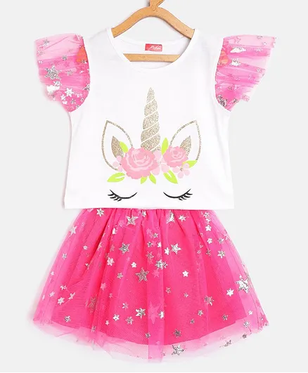 Pspeaches Short Sleeves Glitter Unicorn Print Top With Skirt - Pink
