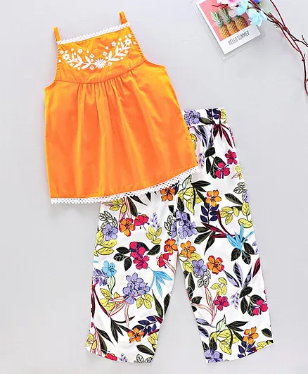 Pspeaches Flower Embroidered Sleeveless Top With Pants Set - Multi Color