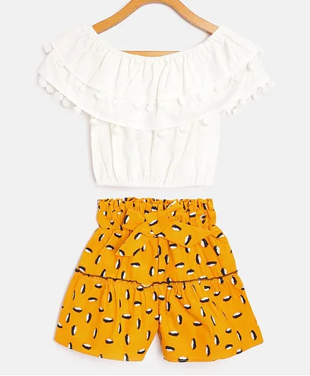 Pspeaches Half Sleeves Top With Penguins Print Shorts - Mustard
