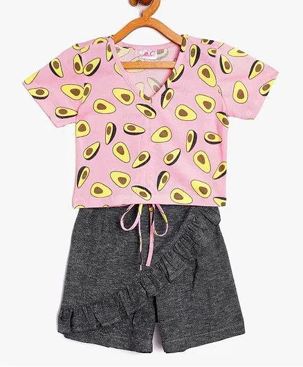 Pspeaches Half Sleeves Apricot Print Top With Shorts - Pink & Grey