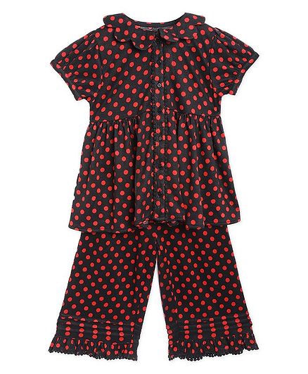 Cherry Crumble By Nitt Hyman Short Sleeves Polka Dotted Night Suit - Black