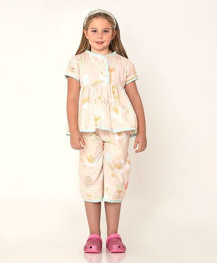 Cherry Crumble By Nitt Hyman Short Sleeves Unicorn Print Night Suit - Cream