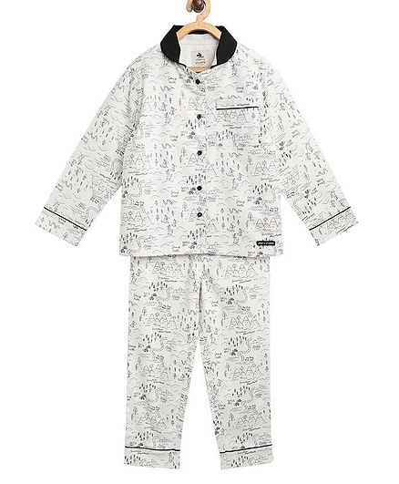 Cherry Crumble By Nitt Hyman Full Sleeves Scenery Print Night Suit - White