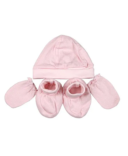 Buzzy All Over Dots Print Cap With Booties & Mittens - Cap Circumference - 18.5 - Pink