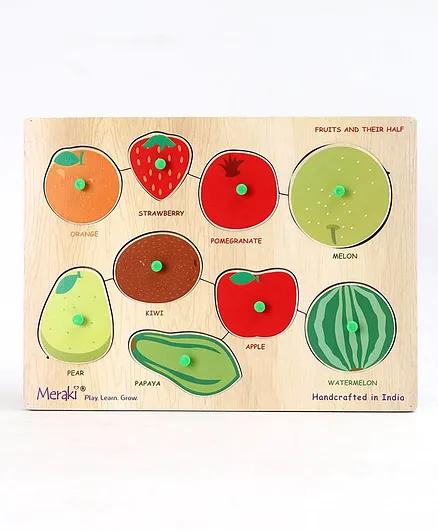 Meraki Wooden Fruits Puzzle With Knob Multicolour - 9 Pieces