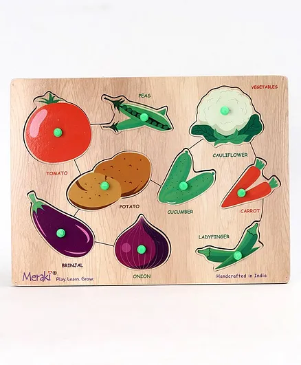 Meraki Wooden Vegetables Puzzle With Knob Multicolour - 9 Pieces