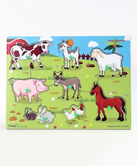 Meraki Wooden Farm Animal Puzzle With Knob Multicolour - 8 Pieces