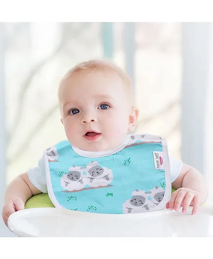 Polka Tots 100% Organic Muslin Cotton Bib with Three Layers Sheep Print - Sky Blue