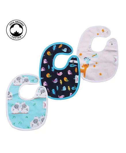Polka Tots 100% Organic Muslin Cotton Bibs with Three Layers Pack of 3 - White Blue