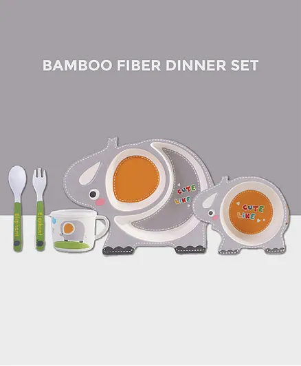 Polka Tots Bamboo Fiber 5 Piece Feeding Set Elephant Design - Blue
